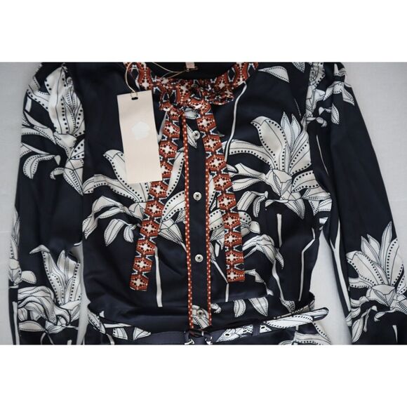 CIEBON Women's Sz S Black Multi Edda Pleated Tie Neck L/S Satin Mini Dress - Picture 3 of 8